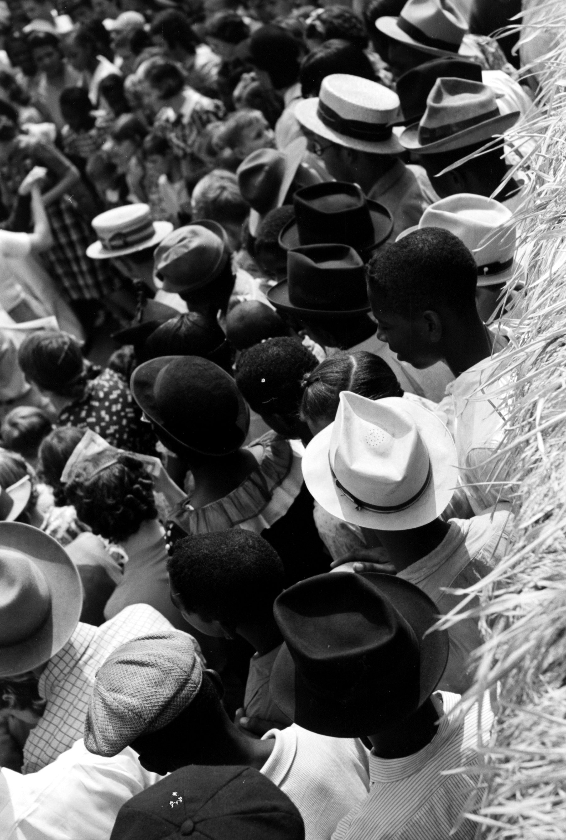 A crowd seen from above, mostly hats.